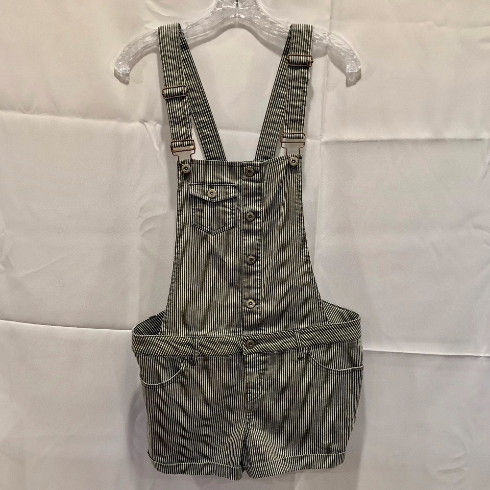 Gray & White Striped Utility Style Overall Shorts